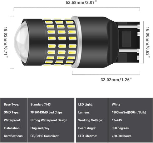 Xenon White 7443 7444NA 7440 7440NA LED Bulbs 1800LM with Lens Projector for Backup, Tail, Brake Lights (Pack of 2)