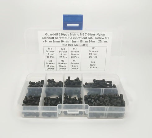 280pcs Metric M3 7-Sizes Nylon Phillips Pan Head Screw Nut Assortment Kit - M3x 6mm to 25mm, Nut Hex M3 (Black)
