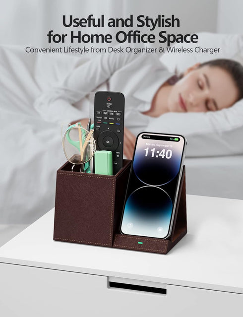 Desk Supplies Organizer with Multi-Functional Pencil Pen Holder and Wireless Charger, Home Office Storage Box Caddy