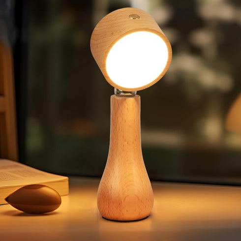 LONRISWAY 2 Pack Dimming, 360 LED Wooden Mushroom Lamp, Rechargeable Battery Operated Portable Cordless Touch Switch