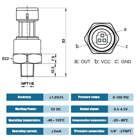 100 1/8"NPT FUSCH PSI Pressure Transducer Sensor with Connector Harness, Thread Stainless Steel Pressure Transmitter