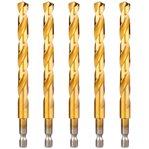 Hex Shank Drill Bits Set of 5Pcs, 3/8 Inch Premium 4341 HSS Titanium Impact Bits for Wood, Steel, Metal, Plastic