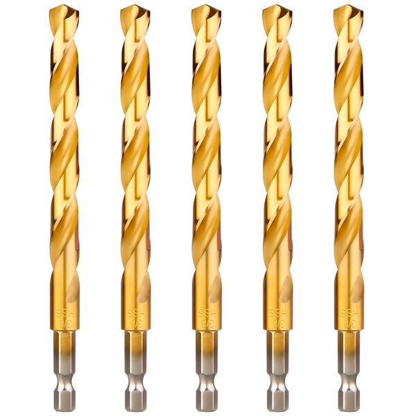 Hex Shank Drill Bits Set of 5Pcs, 3/8 Inch Premium 4341 HSS Titanium Impact Bits for Wood, Steel, Metal, Plastic