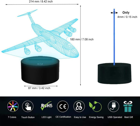 3D 7 Airplane Night Light Plane Illusion Lamp Color Changing Touch Control with USB Cable LED Fighter Toy Table Desk