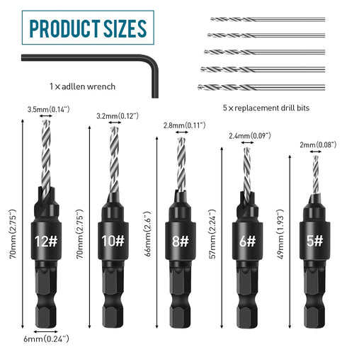 Countersink Drill Bit Set, 5Pcs Quick Change 1/4" Hex Shank Adjustable Countersink Set