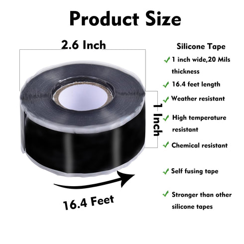 Self Fusing Silicone Tape, 1 in x 16.4', Black Waterproof Rubber Leak Proof Sealing Tape for Repairs