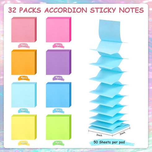 Pop Up Sticky Notes (32 Pads) - 3x3 Refills, 8 Bright Color Self-Stick Note Pads, 1600 Sheets for Home, Office, School