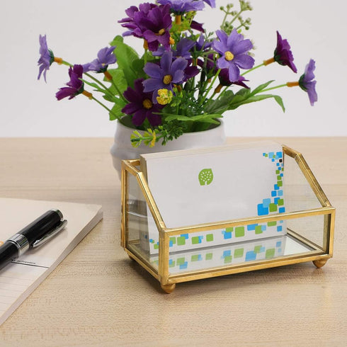 Hipiwe Glass Business Card Holder Stand - Gold Metal Frame Name Card Display Organizer for Office Desktop, Fits 80-100
