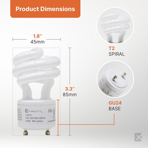 Xtricity Compact Fluorescent GU24 Light Bulb Base - 2 Prong T2 Mini Spiral, 13W (60 Watt Equivalent), 2700k