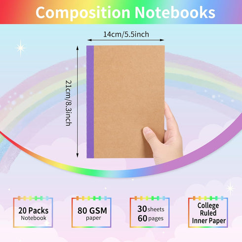 EOOUT 20 Pack A5 Kraft Notebooks, Lined Journal Bulk with Rainbow Spine, 10 Colors, 60 Pages Soft Cover Composition Notebooks for Women Girls Kids, School Office Supplies by EOOUT