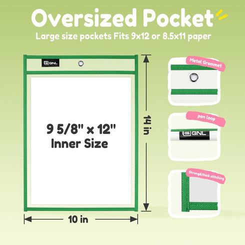 GNL 30 Packs, 10x14 Inch Dry Erase Pocket Sleeves Reusable Clear Plastic Ticket Holders with Rings, Durable