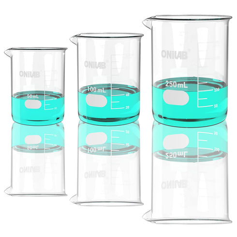 ONiLAB Glass Measuring Beaker Set (Pack of 3) 50ml 100ml 250ml, 3.3 Boro Griffin Low Form Scientific Glassware for