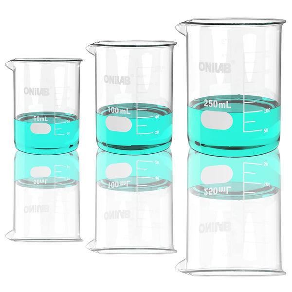 ONiLAB Glass Measuring Beaker Set (Pack of 3) 50ml 100ml 250ml, 3.3 Boro Griffin Low Form Scientific Glassware for