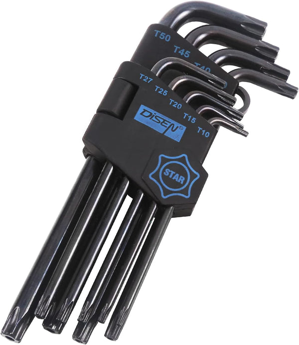 DISEN 9 Pieces Torx Star Allen Wrench Set, Long Arm Star Key Set T10-T50 in Chrome Vanadium Steel