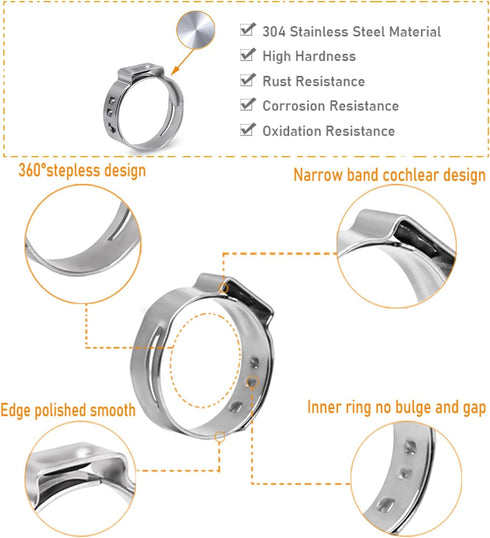 AKIHISA 180 PCS Single Ear Hose Clamps, 12 Sizes 5.3-33.1mm Crimp Clamps with Pincer and 304 Stainless Steel