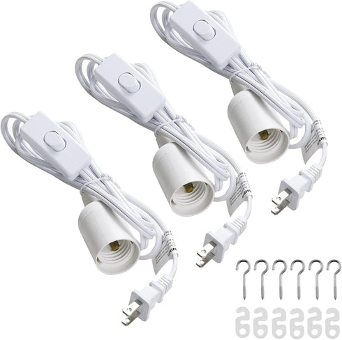 Simple Deluxe E26 5.9ft-White-3Pack Hanging Lantern Extension Cord Cable, Plug-in Pendant Light Socket with On/Off