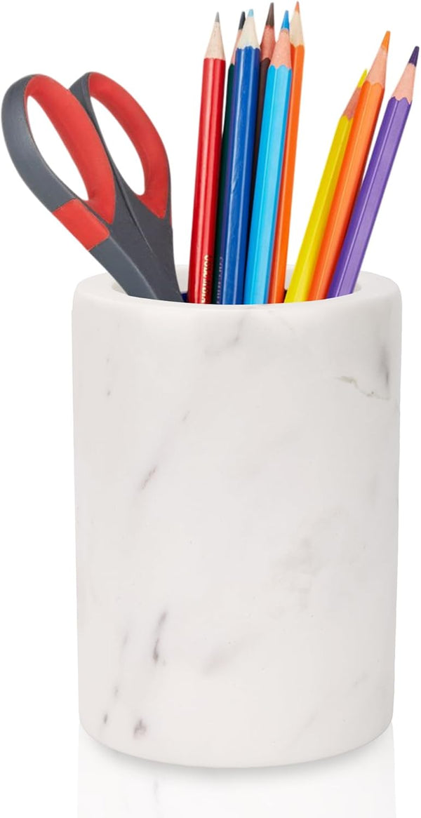WORHE Natural Marble Pencil Pen Holder, Handcrafted White Marble Desk Organizer for Office Supplies, Makeup Brush Holder