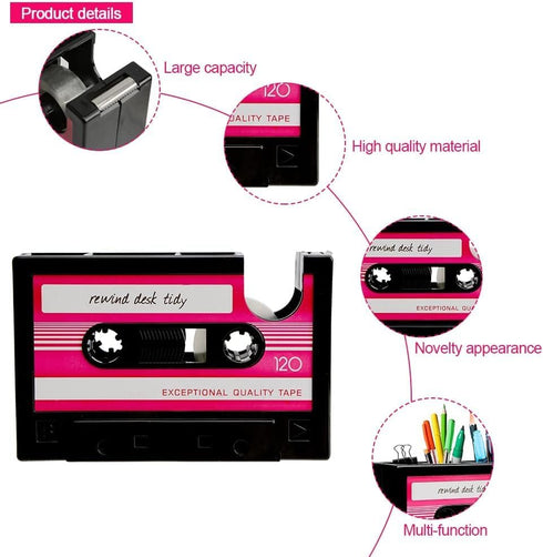 RUIAN Cassette Tape Dispenser Pen Holder, Desk Tidy Container for Kids, Teen Boys & Girls (Pink)