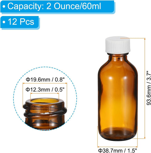 PATIKIL 2oz(60ml) Glass Sample Bottles, 12Pcs Round Bottle Dispensing Bottles with White Poly Cone Cap for Reagent Liquids, Essential Oils, Perfume, Amber by PATIKIL