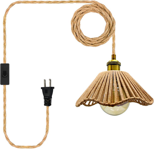 FEYAIM Plug in Pendant Light, E26/E27 Socket Hanging Lights, Hand Woven Hemp Rope