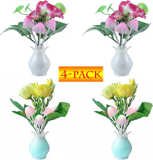 Warmstor 4 Pack Mushroom Night Light, Plum Blossom Rose Flowers Plants Plug-in Mushrooms Colors Changing Nightlight