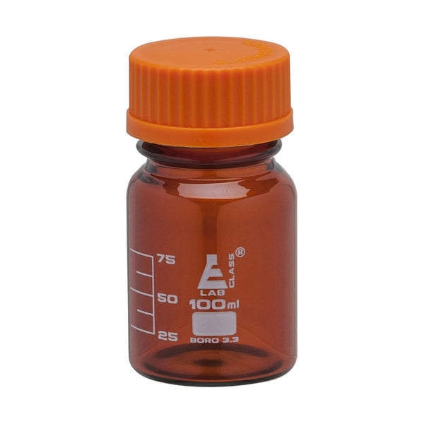 EISCO 100ml Amber Glass Reagent Bottle with Orange Screw Cap, Drip Free Pouring Ring, Borosilicate Glass