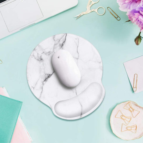 WAVEYU Ergonomic Mouse Pad with Wrist Support, Decorative Non-Slip Rubber Base Mouse Mat for Women, White Marble for