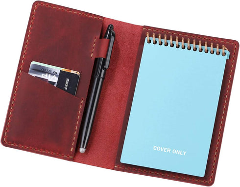 Leather Journal Cover for 3.5" x 5.5" Pocket Notebook with Pen Loop, Compatible with Rocketbook Mini - Wine