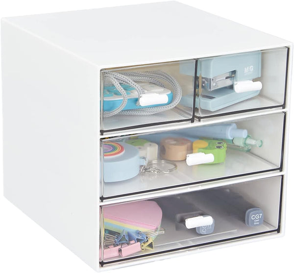 LETURE Desk Organizer with 4 Drawers, Clear Plastic Storage Box for Office Supplies and Stationery