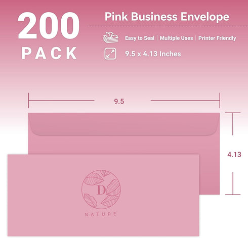 Business Envelopes, 200-Pack #10 Pink Envelopes - Standard Square Flap, Gummed Seal, Perfect for Mailing, Crafts