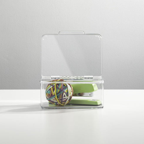 mDesign Small Plastic Home Office Storage Organizer Box with Hinged Lid for Desktops - Holds Pens, Pencils, Sticky