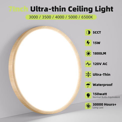1PACK 5CCT 7Inch 15W 100W Closet hepside Flush Mount LED Ceiling Light Fixture & Equivalent Light Fixture,Small Round