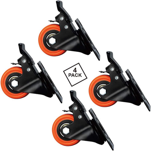 2" Caster Wheels - Orange Polyurethane Castors, Set of 4 Locking Casters for Furniture and Workbench