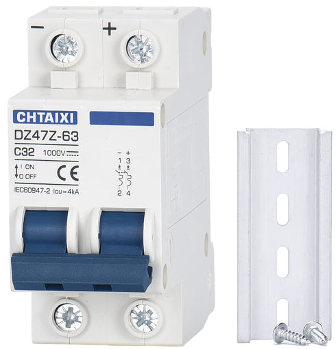 DC Miniature Circuit Breaker, 2 Pole 1000V 32 Amp Isolator for Solar PV System, Thermal Magnetic Trip