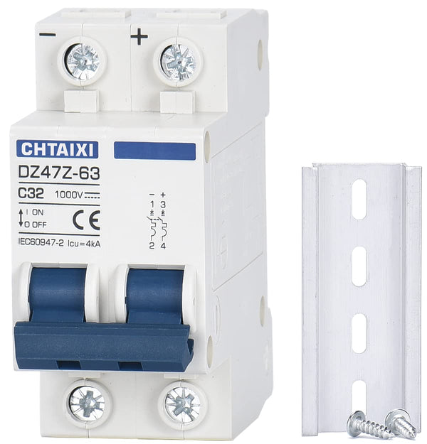 DC Miniature Circuit Breaker, 2 Pole 1000V 32 Amp Isolator for Solar PV System, Thermal Magnetic Trip