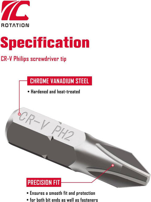 ROTATION 30-Piece Phillips #2 Bit Set PH2, Impact Grade, Chrome Vanadium Steel, 1/4-inch Hex Shank