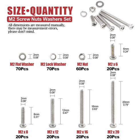 Hilitchi 300-Piece M2 Phillips Pan Head Screws, Bolt Nut Lock Flat Washers Assortment Kit, 304 Stainless Steel