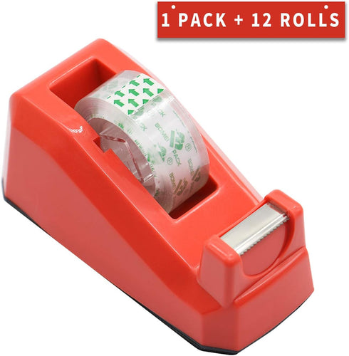 Cute Red Desk Tape Dispensers, 1 Pack with 12Rolls Transparent Tape, 1 Inch Core, for School, Office and Home DIY, BOMEI PACK by BOMEI PACK