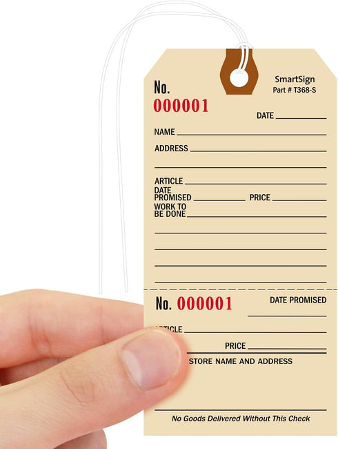 SmartSign 5.25 x 2.625 inch Numbered Repair Tags (Pack of 100) with Pre-Attached String, 10 Point Manila Cardstock