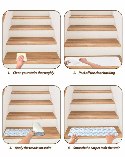BOHOOSKYLAR 4 8"x30" Ocean Crab Stair Treads Seaweed Coral Starfish Blue Texture Indoor Non Slip Peel and Stick Stair