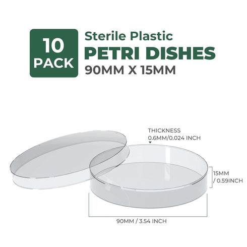 10 Pack Sterile Thick Plastic Petri Dishes with Lid, 90mm Dia x 15mm Deep Clear for Lab Science Experiment