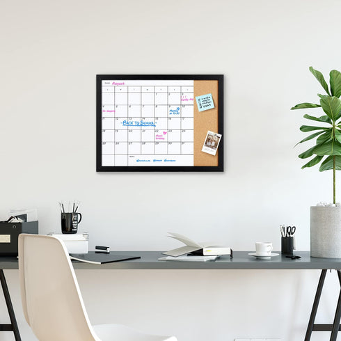 Magnetic Surface Monthly Calendar Whiteboard & Cork Board, Combination Dry Erase Calendar for Wall, Black Frame