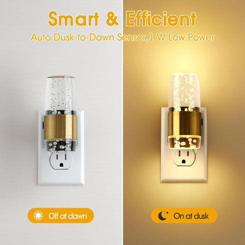 UnbamGlow (2-Pack), Dimmable 3000K 3-Prong Manual Off Slider Night Lights Luxury Gold Aluminum Bubble Acrylic, Warm