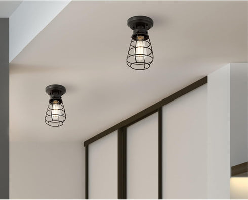 6130700 5 Inch, Westinghouse Bandera Vintage-Style One Light Semi-Flush Mount Ceiling Fixture, Matte Black Finish, Cage