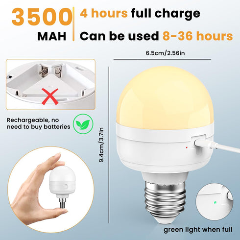 2Packs E26 Bulbs 10W 900LM Bulb 3500mAh, Rechargeable Magnetic Light with Remote and Hook, Battery operated Emergency