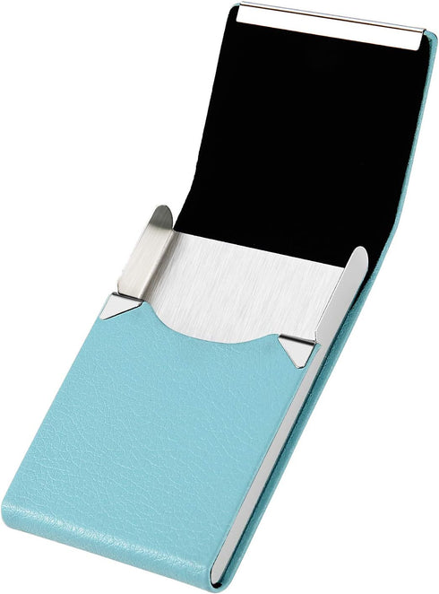 JuneLsy Professional Business Card Holder Case, PU Leather Metal Name Card Holder for Men & Women (Light Blue)