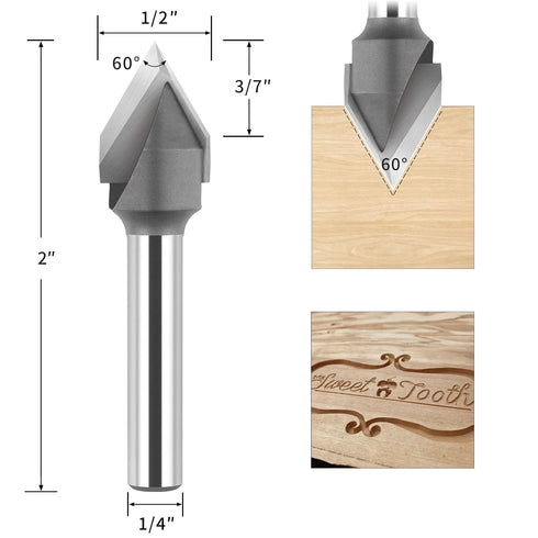 BINSTAK 60 1/4 Inch Degree V Groove Router Bit Shank, Carbide Tipped Wood CNC Router Bit Woodworking Engraving Carving
