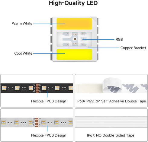 5 1 5050SMD RGB+Dimmable 2700K-6500K 16.4ft 60LEDs/m 300LEDs DC12V IP30 BTF-LIGHTING RGBCCT Colors in LED RGBWW Tunable