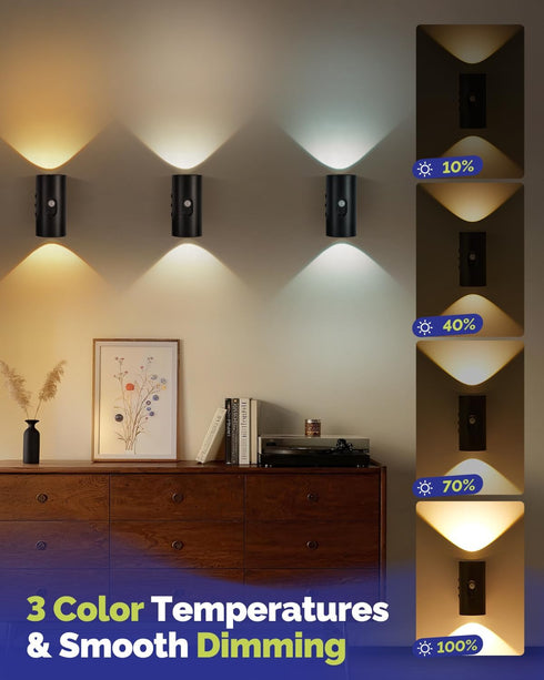 4,000mAh 3 Dimmable 2 Pack Motion Sensor Wall Lights with Remote, Rechargeable Battery Operated Wall Sconces, Wireless
