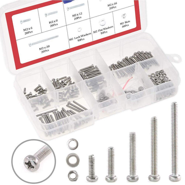 Hilitchi 300-Piece M2 Phillips Pan Head Screws, Bolt Nut Lock Flat Washers Assortment Kit, 304 Stainless Steel
